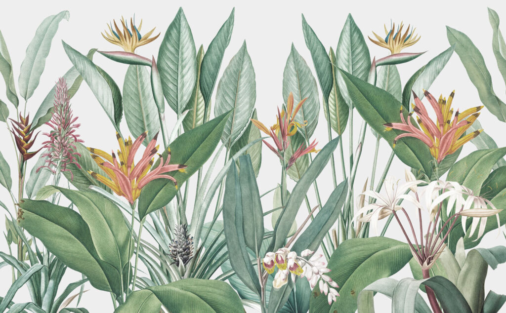 Frunze tropicale, flori ascuțite — design complet