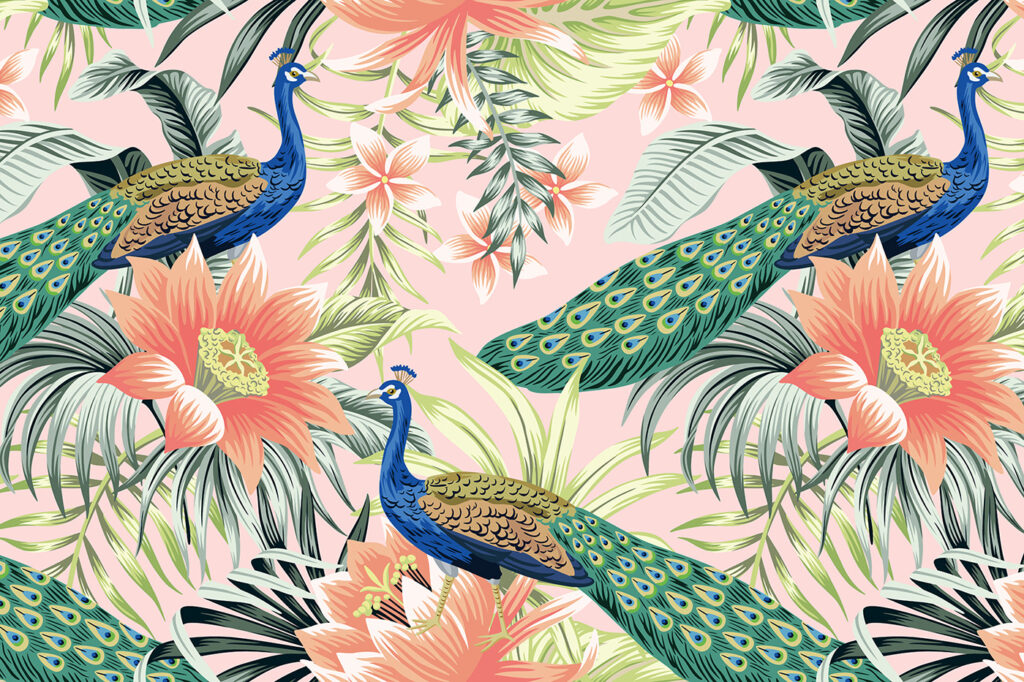 Păuni printre flori portocalii — design complet