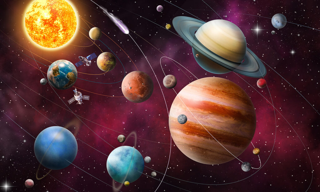 Spațiu roșu cu planete — design complet