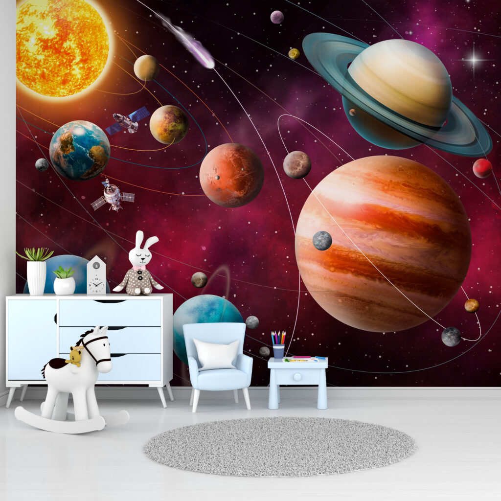 Spațiu roșu cu planete într-un interior