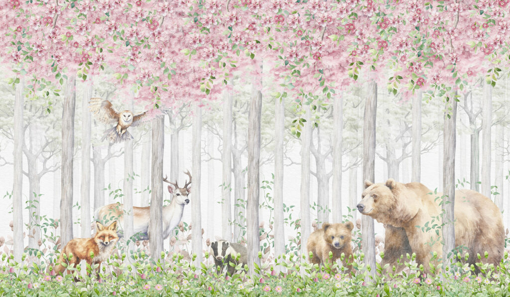 Animale sub crengi roz — design complet