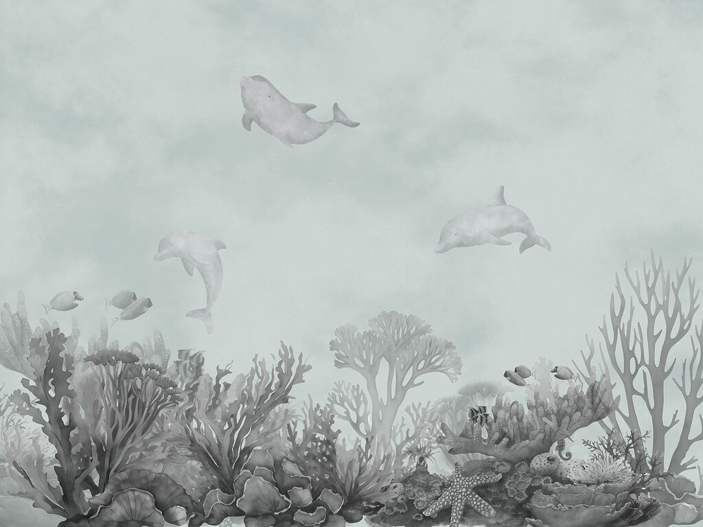 Delfini deasupra coralilor — design complet
