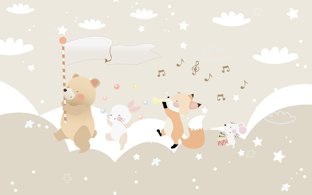 Animale muzicante printre nori — design complet