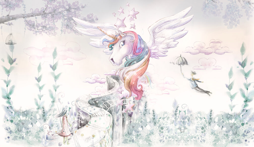 Unicorn înaripat printre flori — design complet