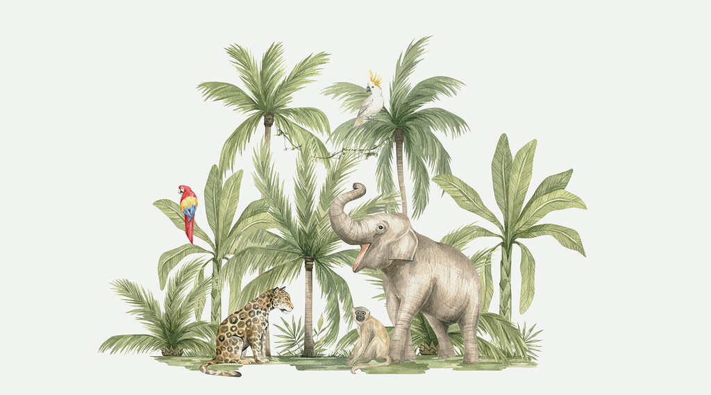 Elefant printre palmieri — design complet
