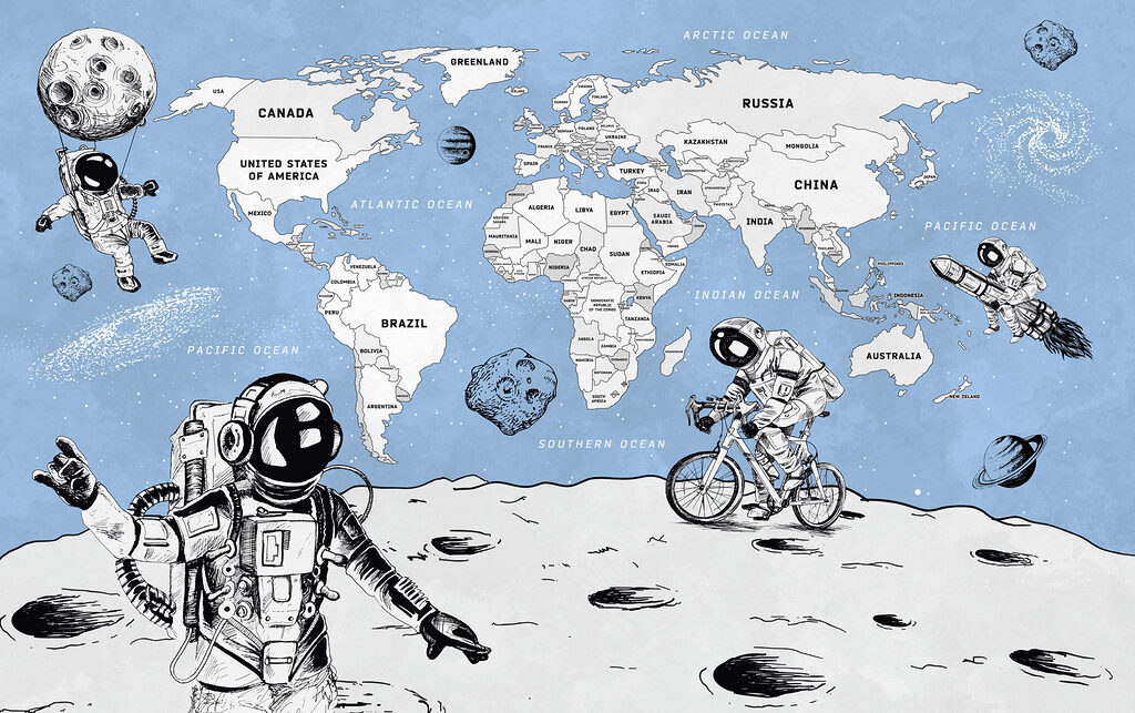 Astronauți și harta lumii — design complet