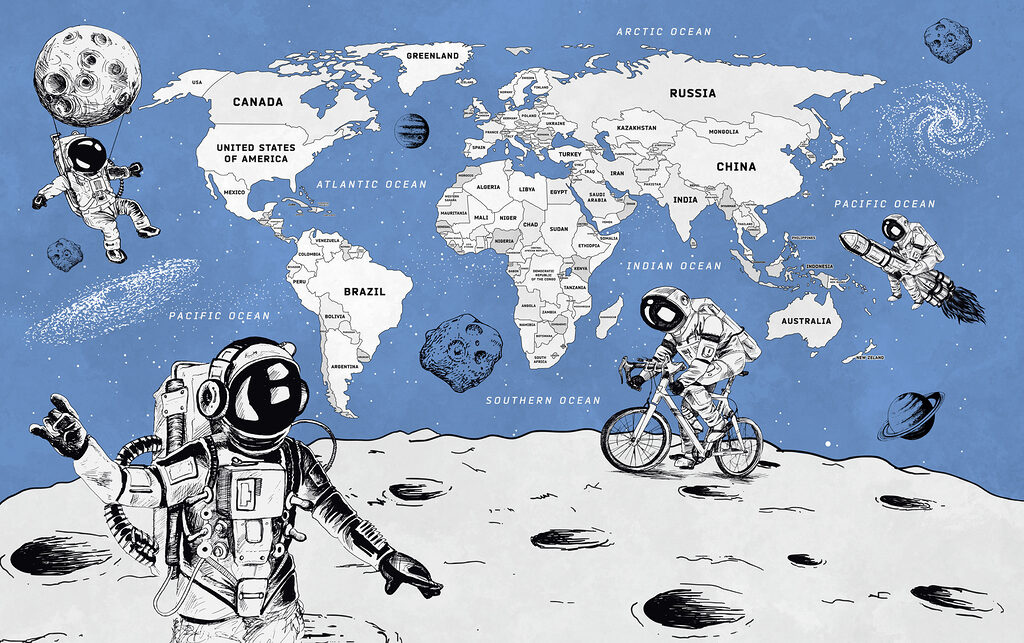 Astronauți și harta lumii — design complet