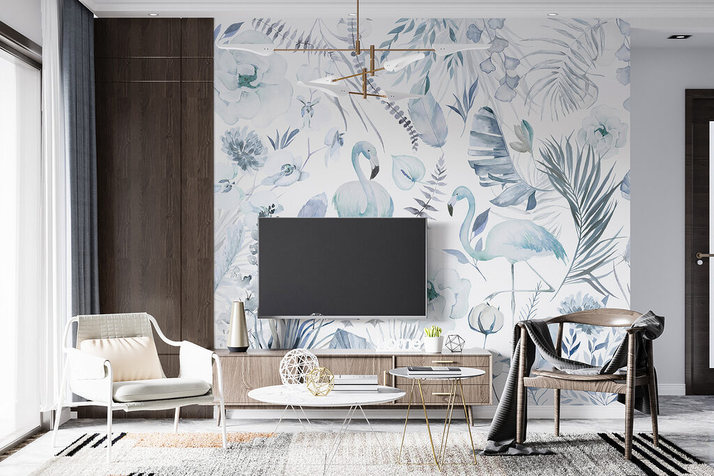 Flamingi printre flori într-un interior