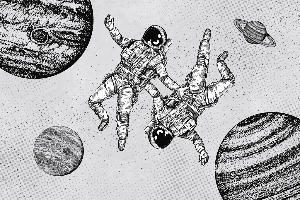 Doi astronauți printre planete — design complet