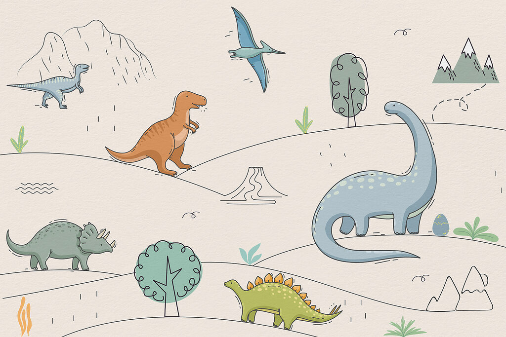 Dinozauri în contururi fine — design complet