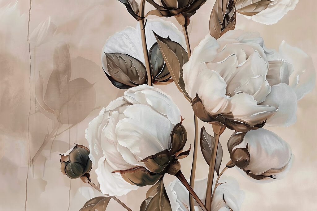 Flori albe, tulpini maro — design complet
