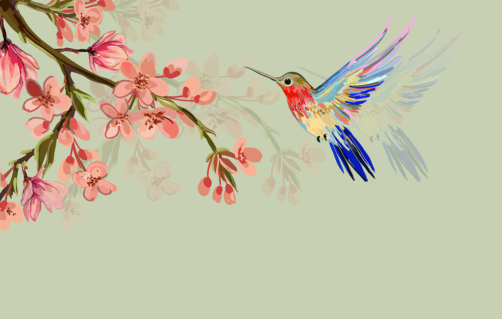 Colibri lângă flori roz — design complet