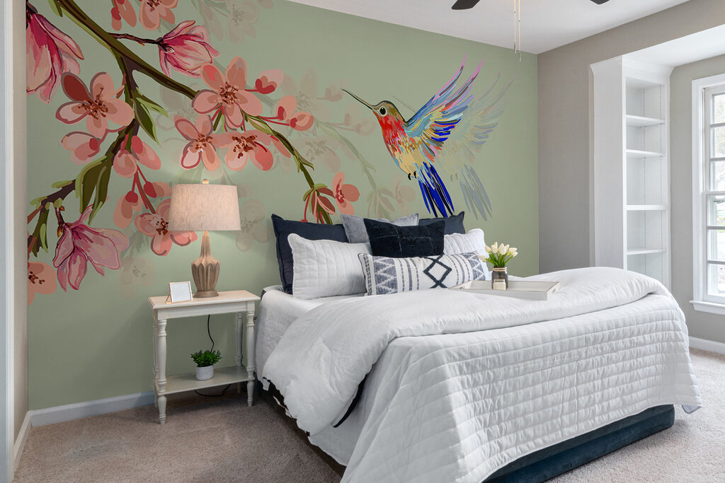 Colibri lângă flori roz — interior 1