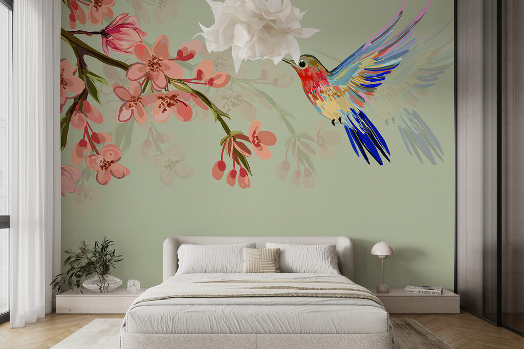 Colibri lângă flori roz — interior 2