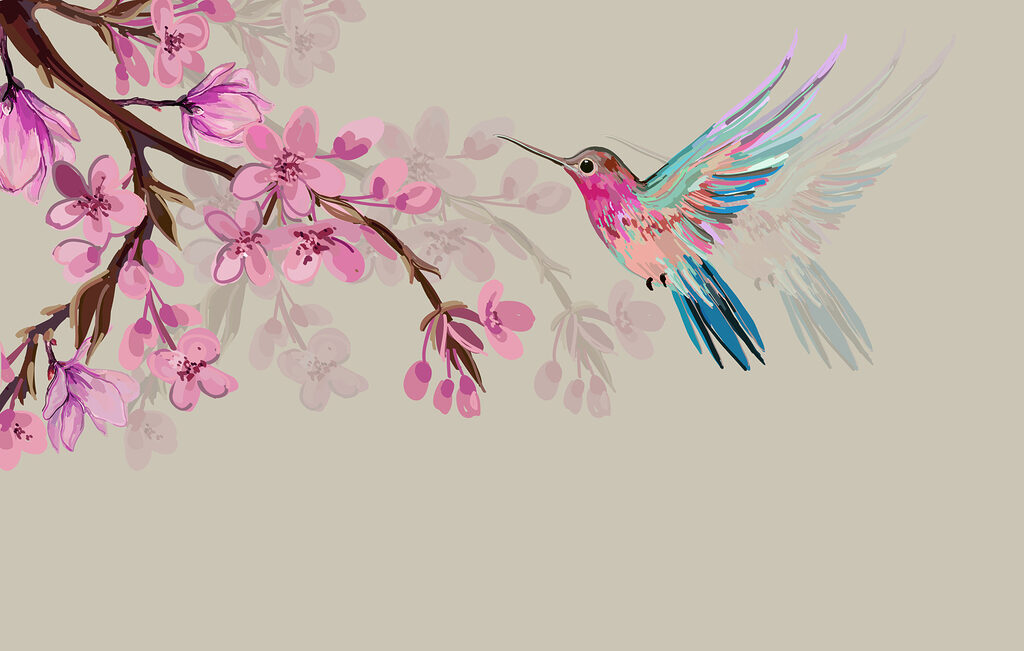 Colibri lângă flori roz — design complet