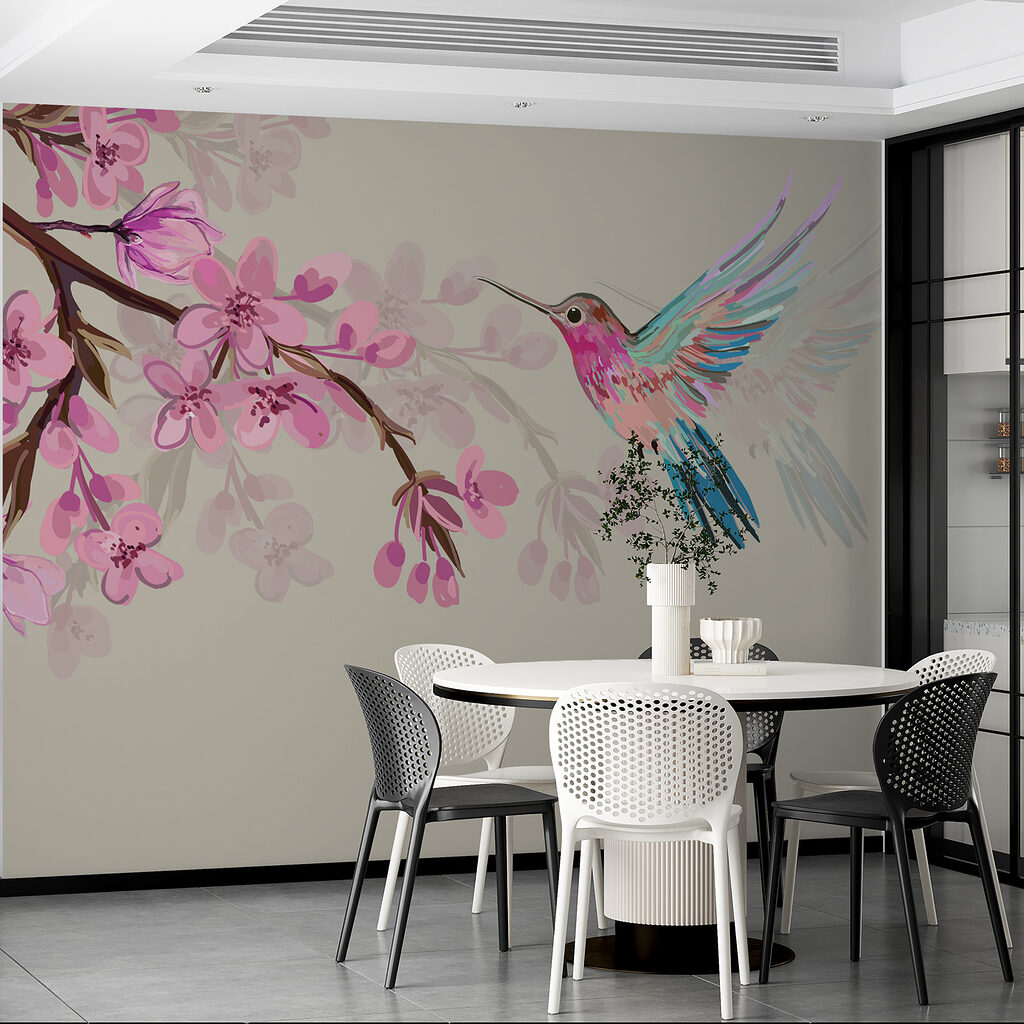 Colibri lângă flori roz — interior 2