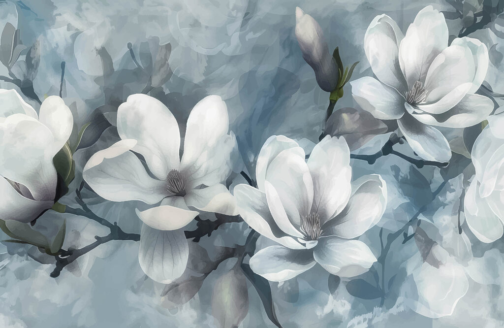 Magnolie albă pe albastru — design complet