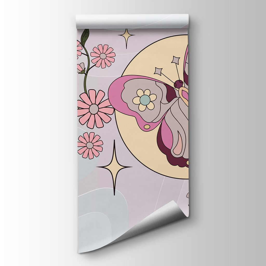 Fluture deasupra florilor roz — vizualizare produs