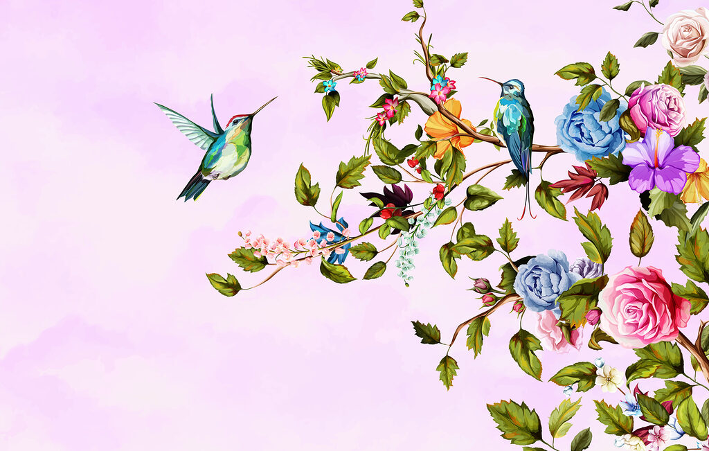 Păsări colorate printre trandafiri — design complet