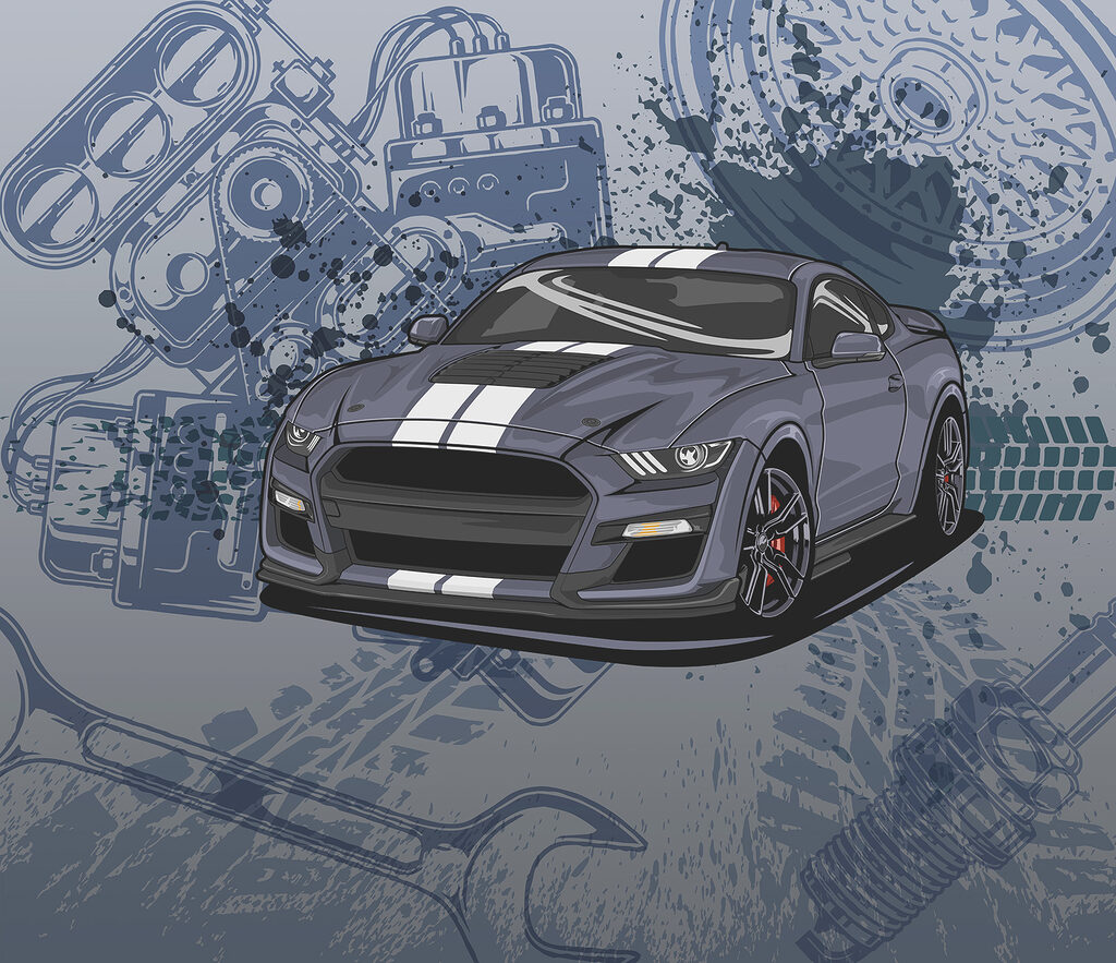 Mașină sport printre desene — design complet