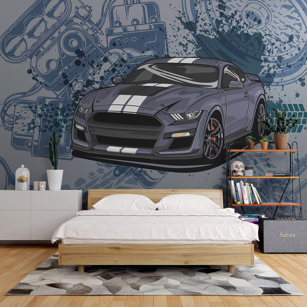 Mașină sport printre desene într-un interior