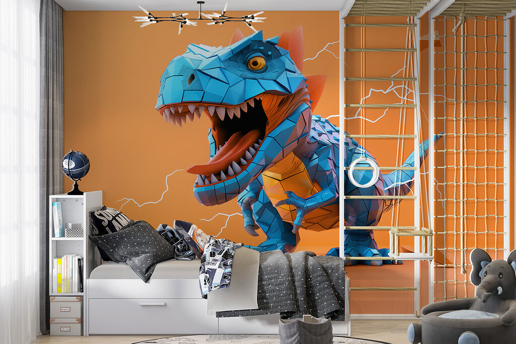 Dinozaur albastru într-un interior