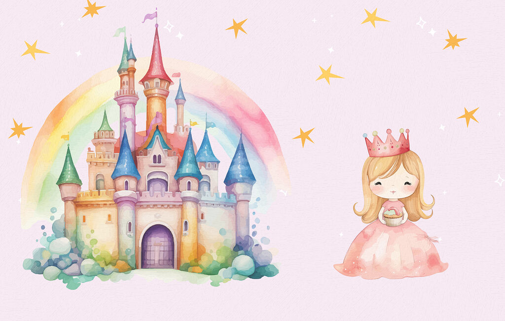 Prințesă lângă castelul curcubeu — design complet