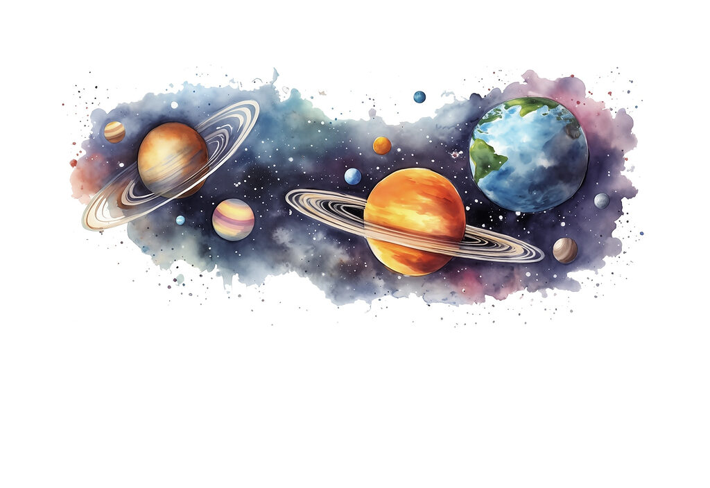 Planete pe pete colorate — design complet