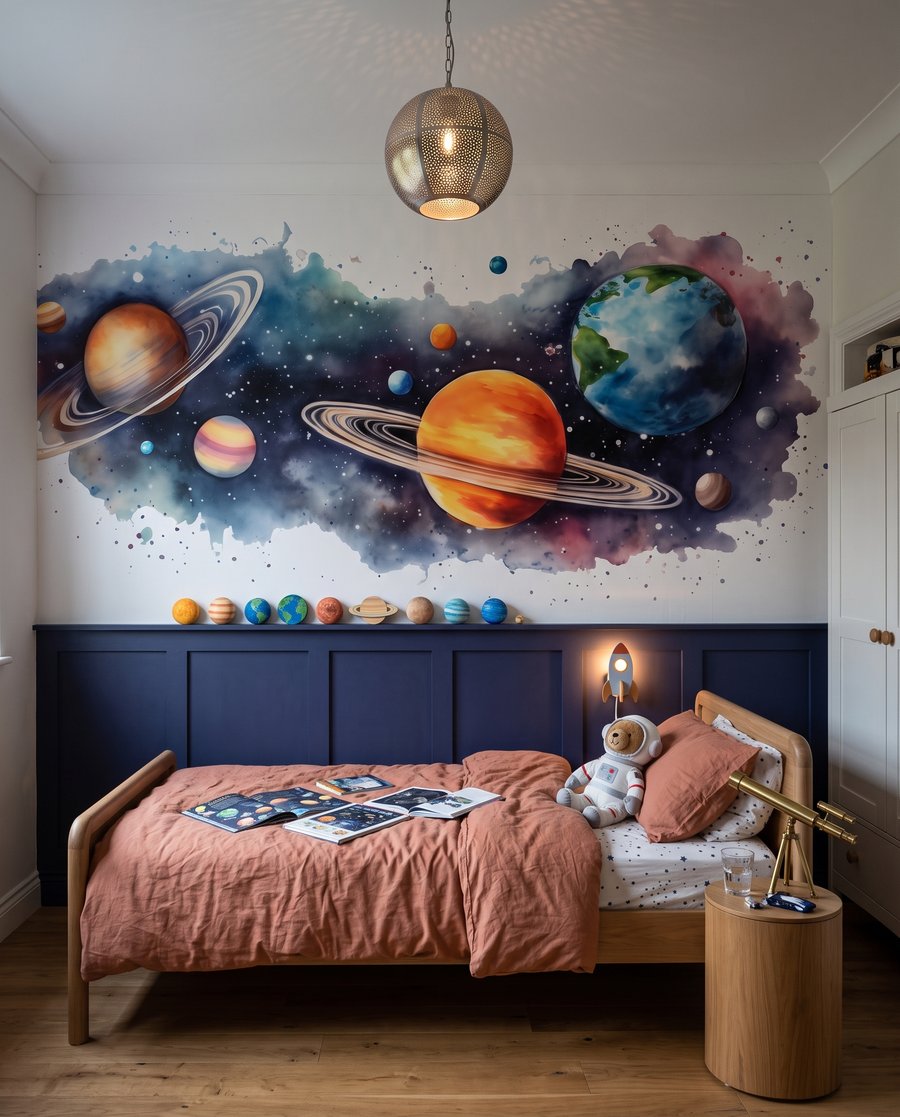 Planete pe pete colorate într-un interior