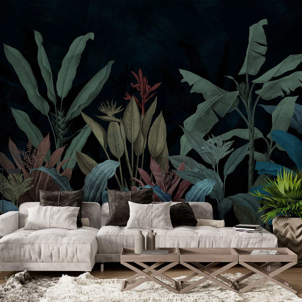 Frunze tropicale pe petrol — interior 2