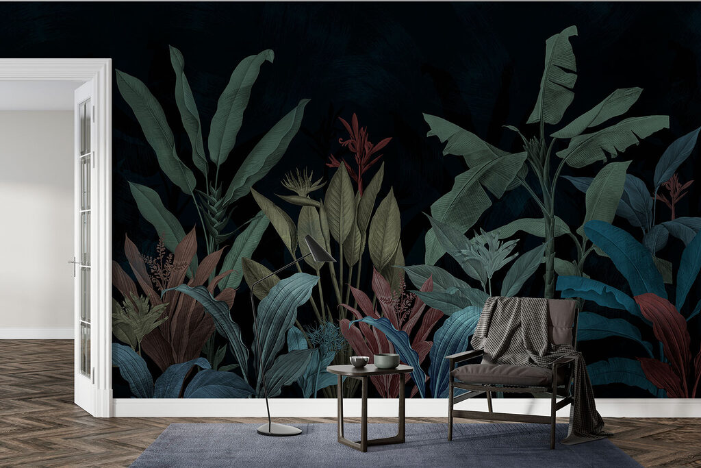 Frunze tropicale pe petrol — interior 3