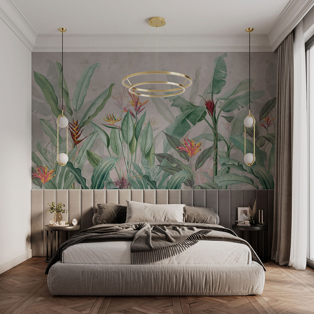 Frunze tropicale pe petrol — interior 1