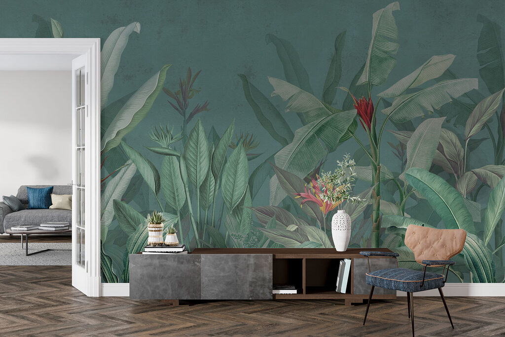 Frunze tropicale pe petrol — interior 2