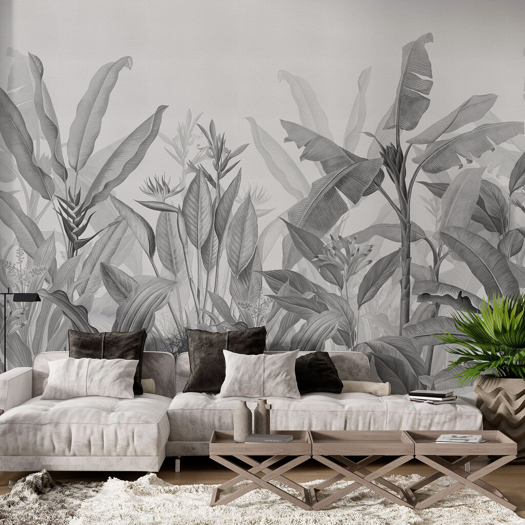 Frunze tropicale pe petrol — interior 1