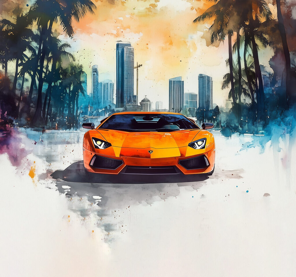 Mașină sport printre clădiri — design complet