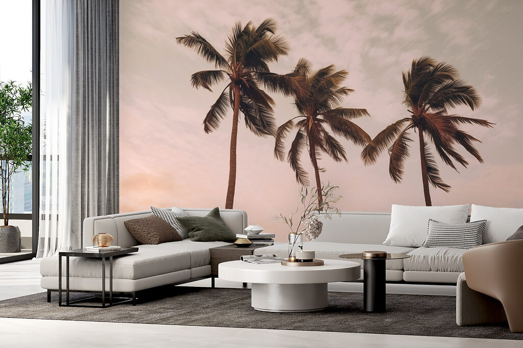 Trei palmieri, cer roz — interior 1