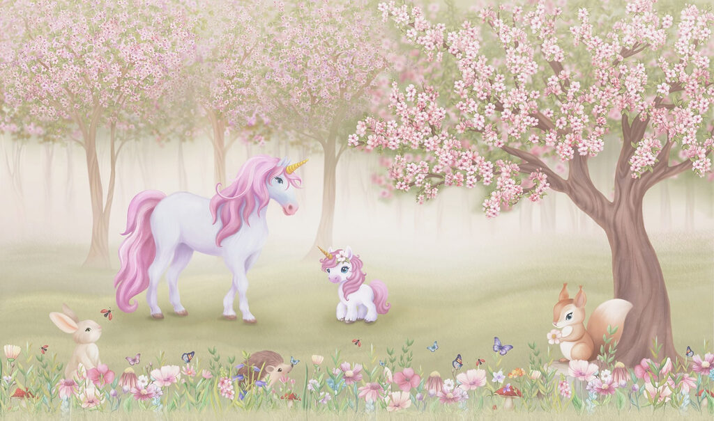 Unicorni sub flori roz — design complet