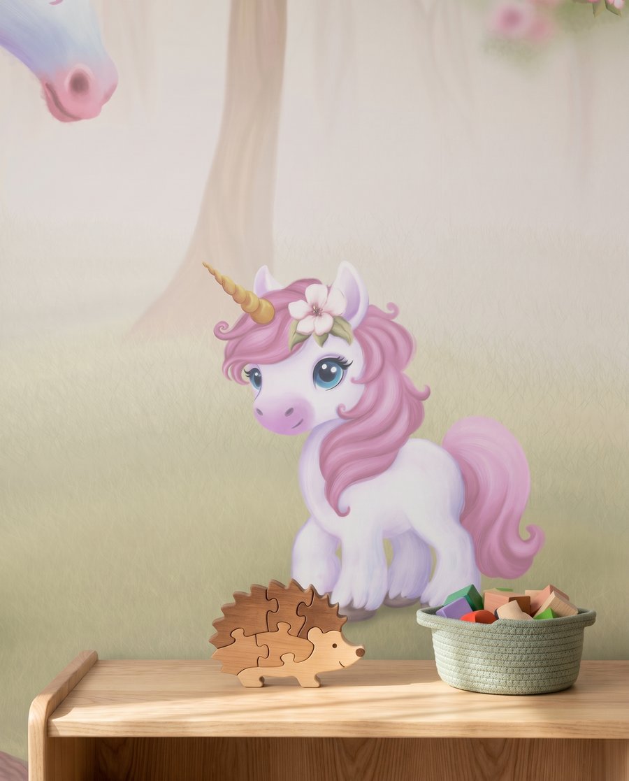 Unicorni sub flori roz — detaliu