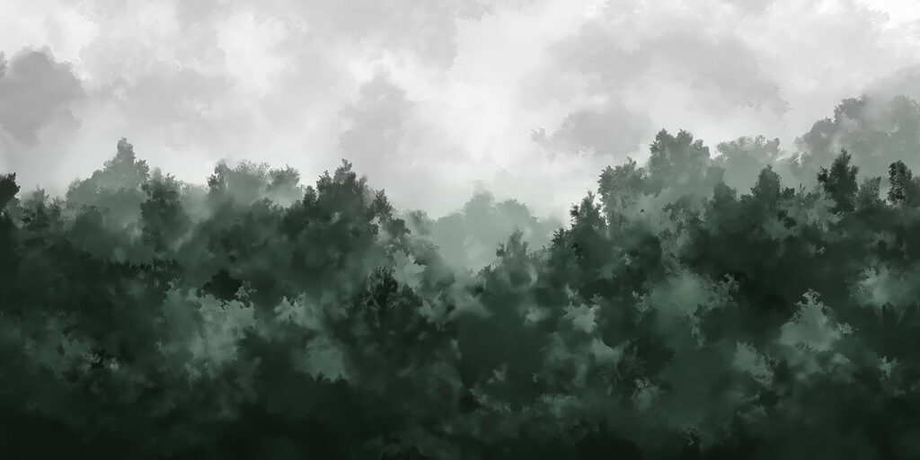 Pădure verde sub nori — design complet