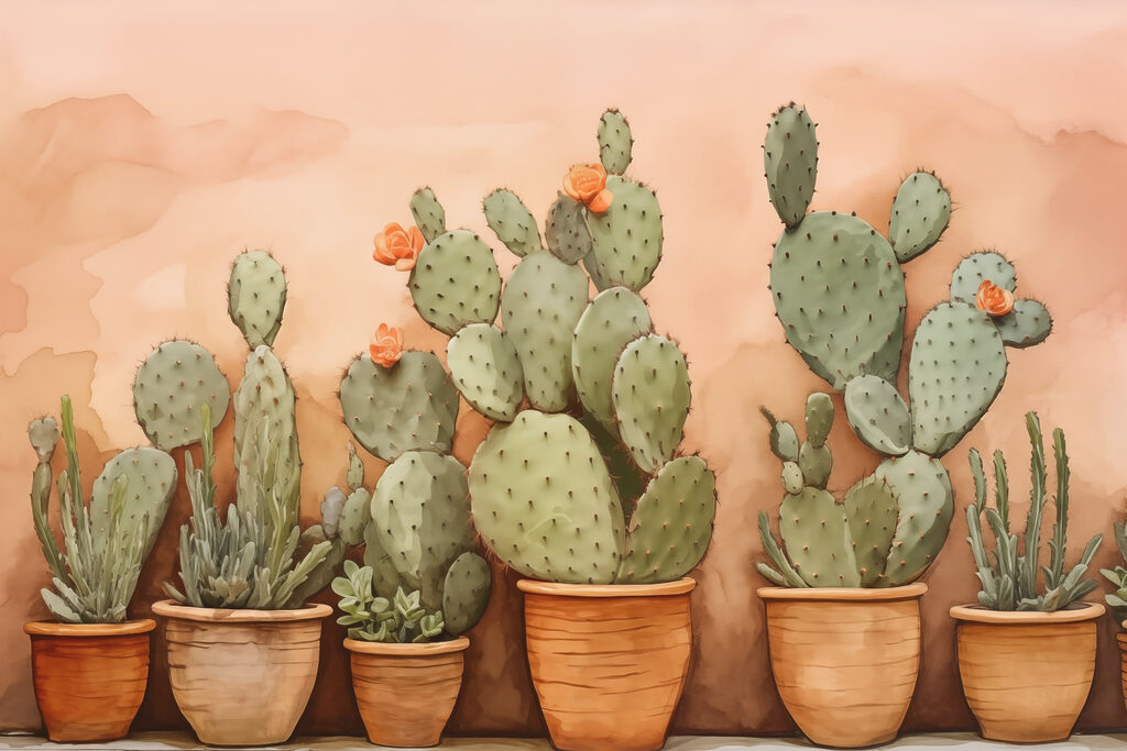 Cactuși pe fundal piersică — design complet
