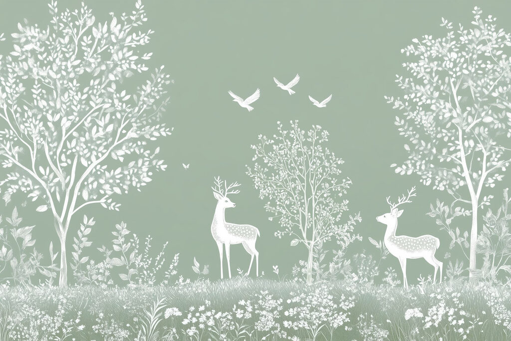 Cerbi albi printre copaci — design complet