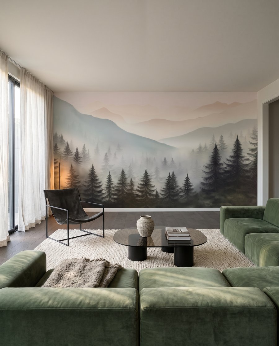 Straturi de munte estompate într-un interior