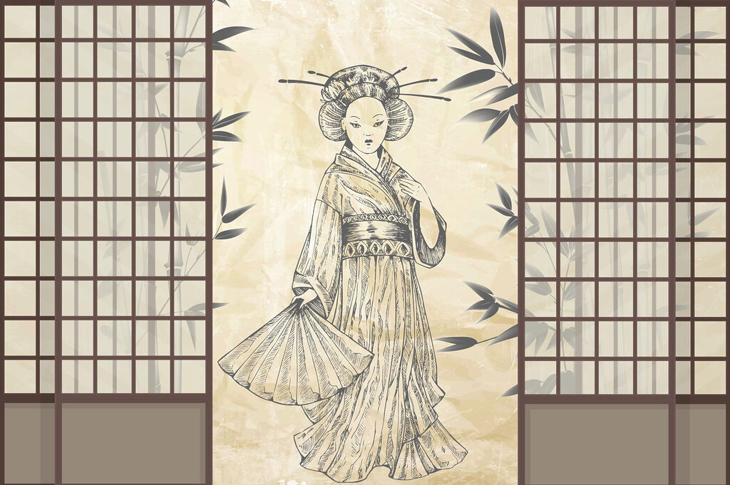 Femeie între paravane japoneze — design complet