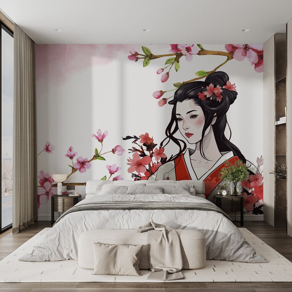 Femeie între flori roz — interior 1