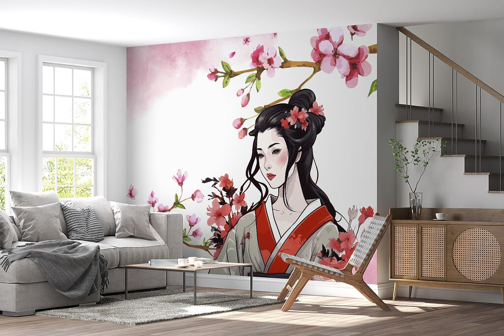 Femeie între flori roz — interior 2