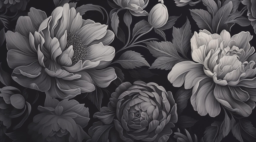 Flori gri pe negru — design complet