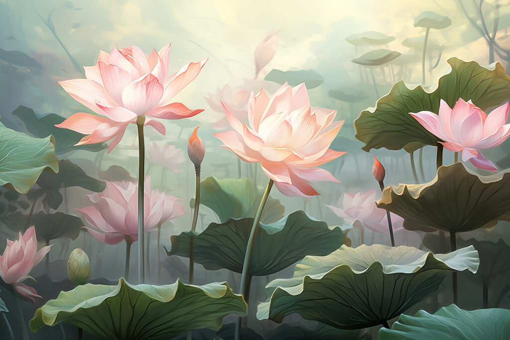 Lotus roz printre frunze — design complet
