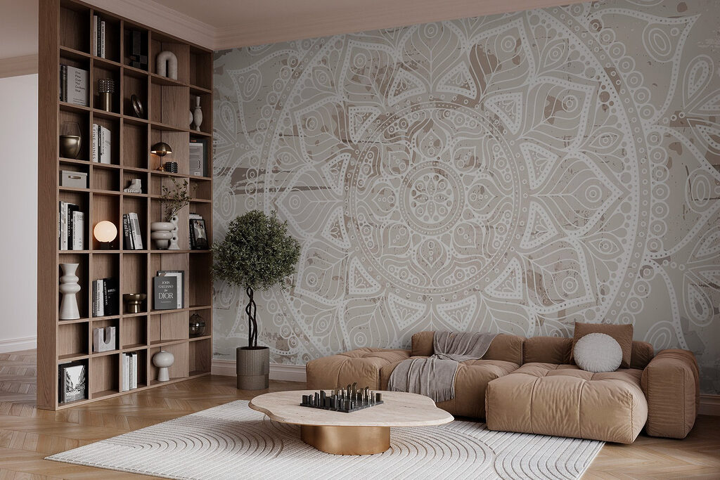 Mandală albă pe bej — interior 1