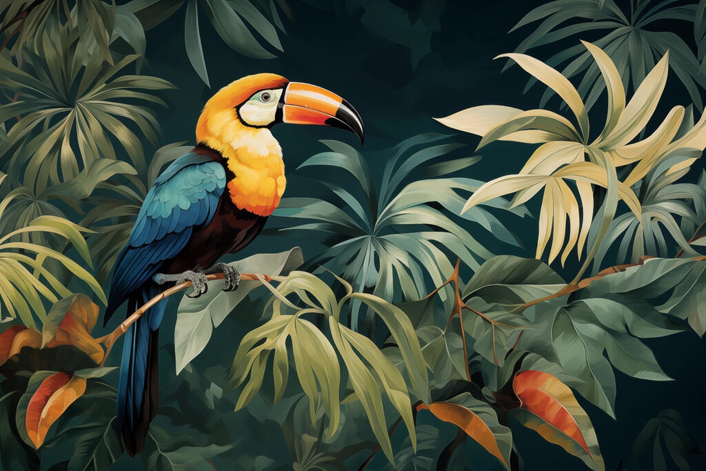 Tucan printre frunze — design complet