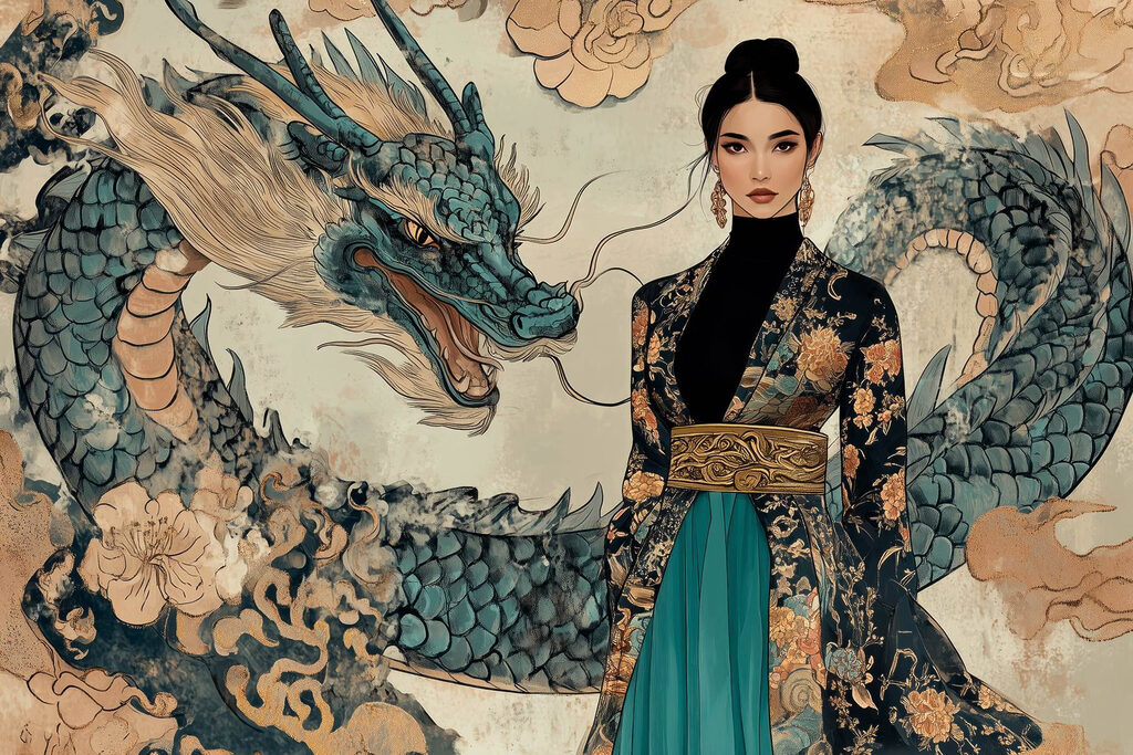 Femeie lângă un dragon — design complet